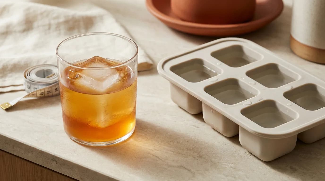 Verre de mocktail ambré avec un gros glaçon, bac à six cavités et mètre ruban sur un plan de travail