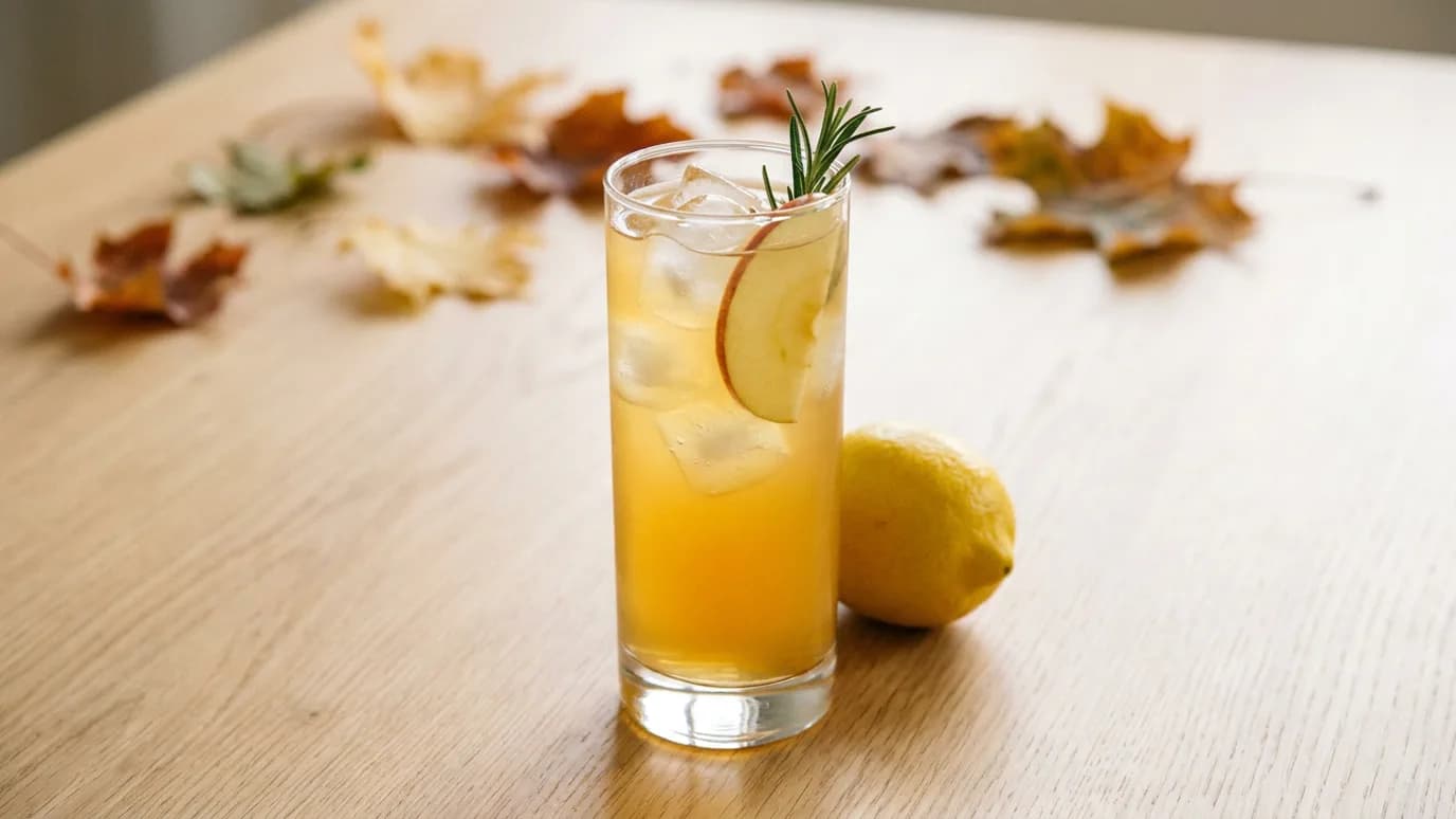 Mocktail doré à la pomme avec glaçons, tranche de pomme et brin de romarin sur une table d'automne