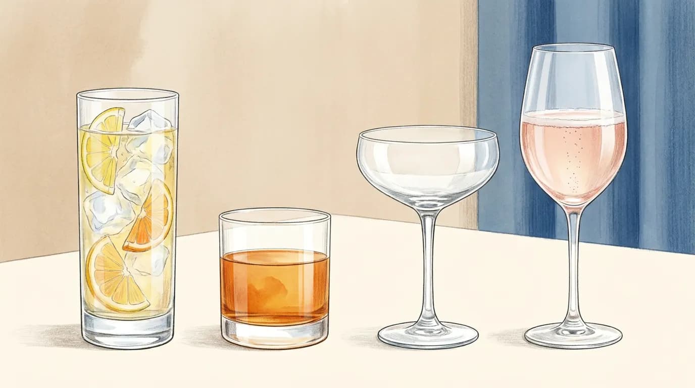 Illustration de quatre verres pour mocktails : verre haut, tumbler, coupe et verre à vin