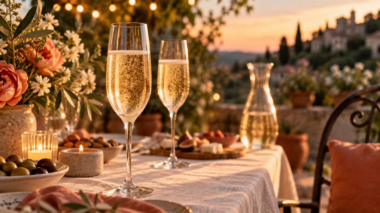 Deux flûtes de boisson pétillante sur une table de fête au crépuscule.